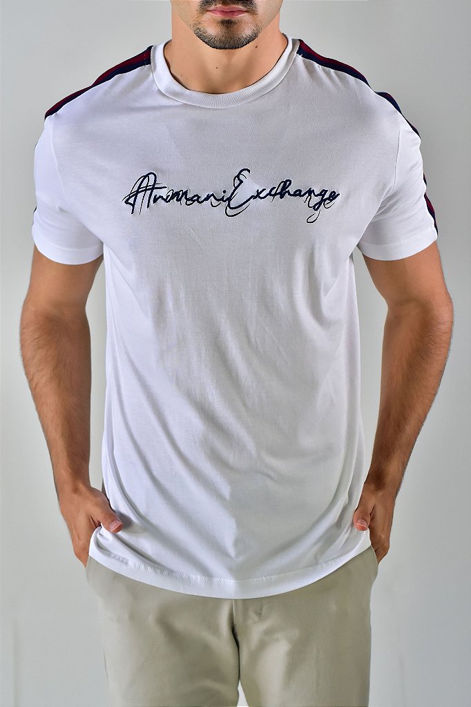 Camiseta AX Stripes Cursive Logo - Branca