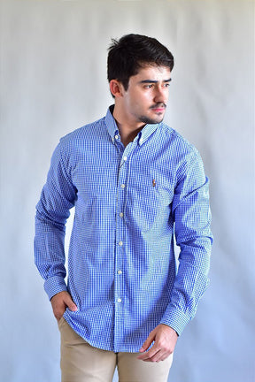 Camisa Social RL Manga Longa - Microxadrez Azul Small Pony Color