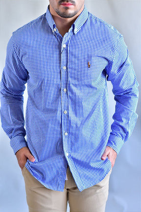 Camisa Social RL Manga Longa - Microxadrez Azul Small Pony Color
