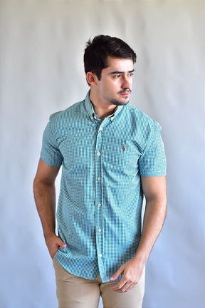 Camisa Manga Curta RL - Microxadrez Verde Small Pony Color
