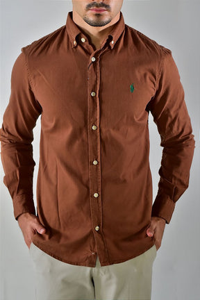 Camisa Social Lisa RL Manga Longa - Marrom Small Pony Verde