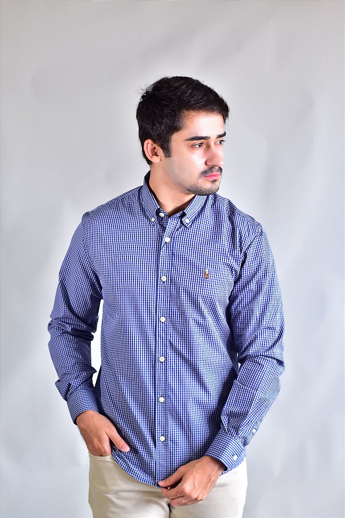 Camisa RL Manga Longa - Microxadrez Azul Marinho | Cinza