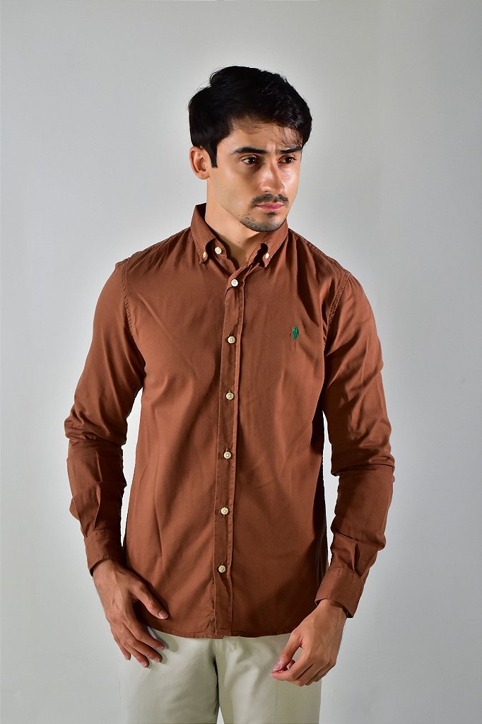 Camisa Social Lisa RL Manga Longa - Marrom Small Pony Verde