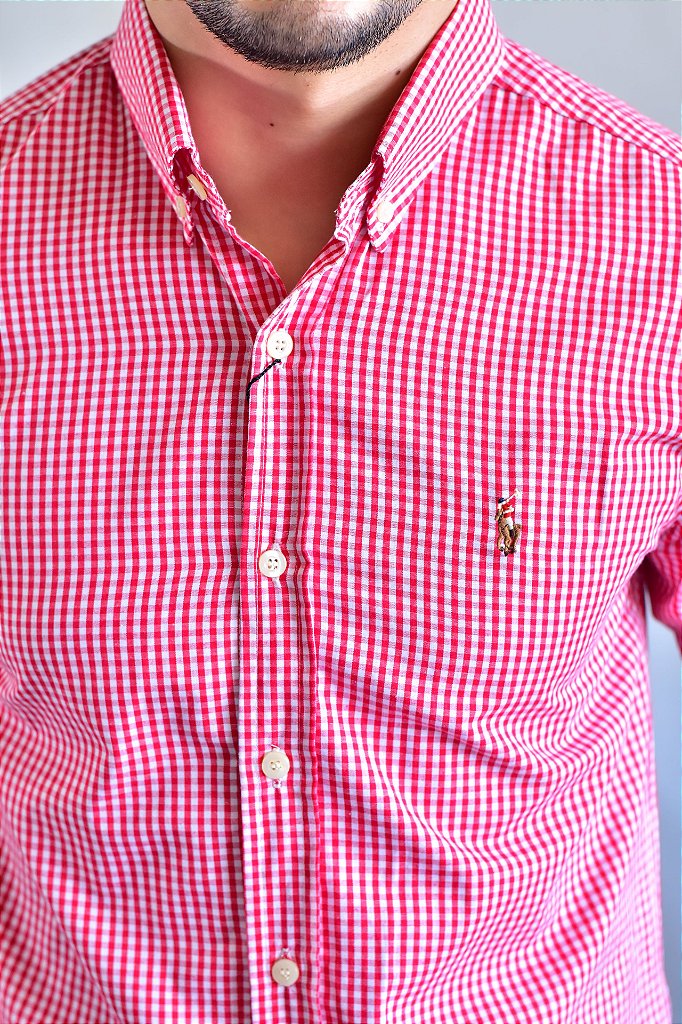 Camisa Social RL Manga Longa - Microxadrez Vermelho Small Pony Color