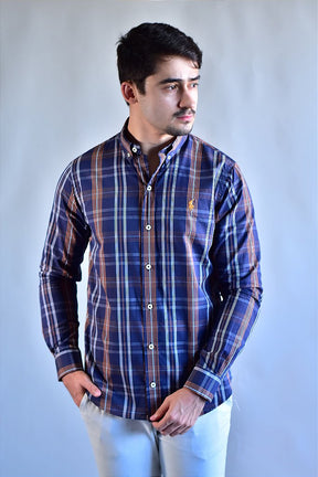 Camisa RL Manga Longa - Xadrez Azul Marinho linhas em Laranja e Branco