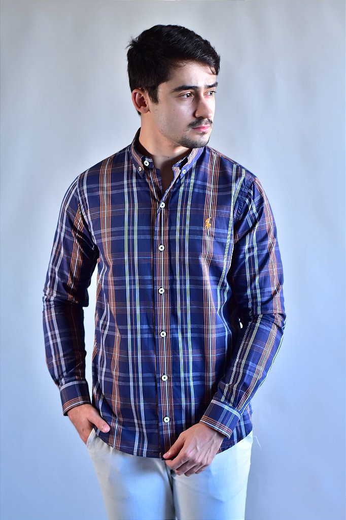 Camisa RL Manga Longa - Xadrez Azul Marinho linhas em Laranja e Branco