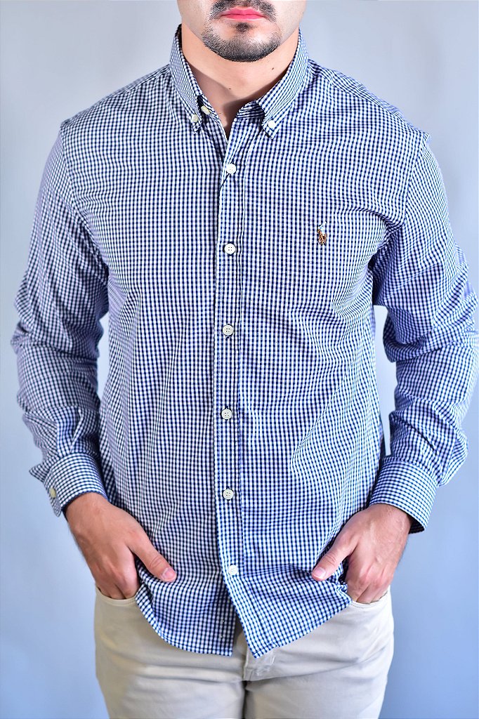 Camisa RL Manga Longa - Microxadrez Azul Marinho Small Pony Color