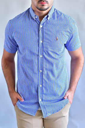 Camisa Manga Curta RL - Microxadrez Azul Small Pony Color