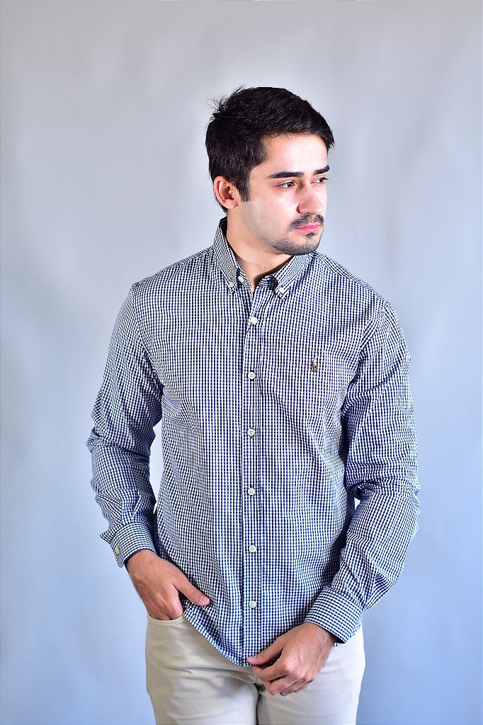 Camisa RL Manga Longa - Microxadrez Azul Marinho Small Pony Color