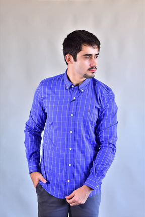 Camisa Social Manga Longa TH Xadrez - Marinho linhas em Branco
