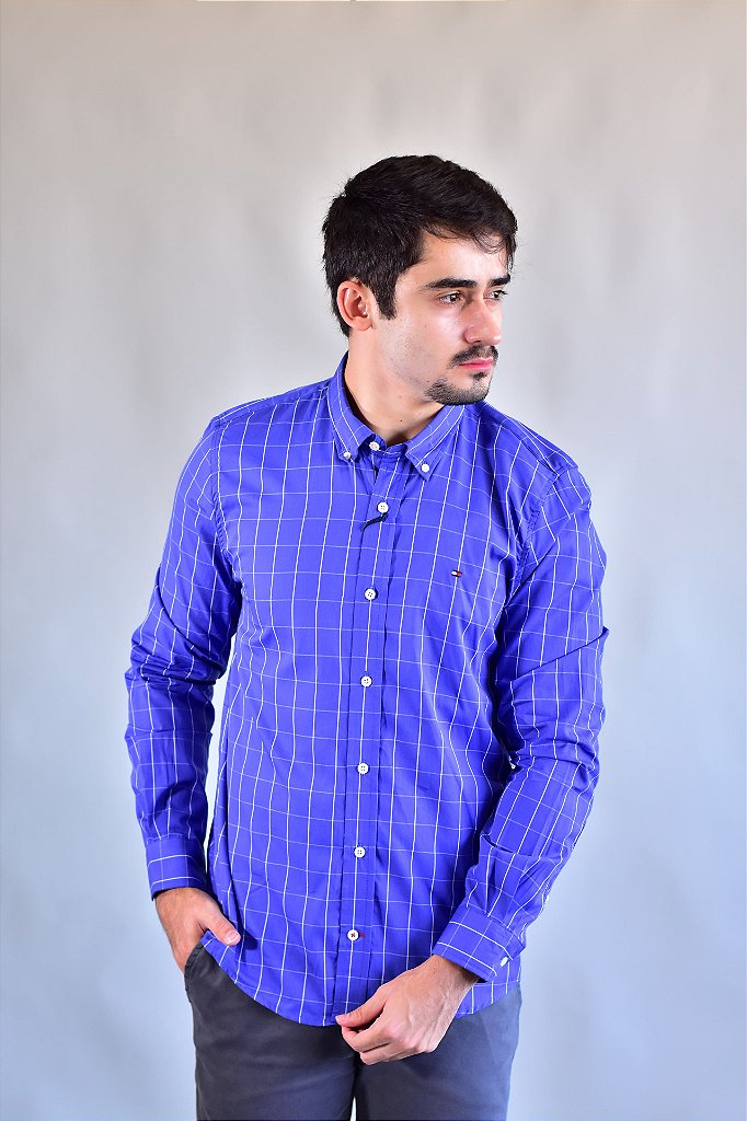 Camisa Social Manga Longa TH Xadrez - Marinho linhas em Branco