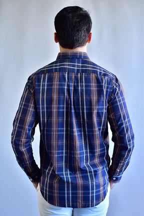 Camisa RL Manga Longa - Xadrez Azul Marinho linhas em Laranja e Branco