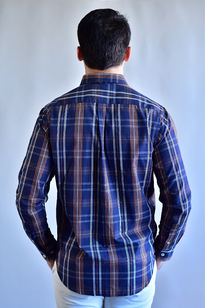 Camisa RL Manga Longa - Xadrez Azul Marinho linhas em Laranja e Branco