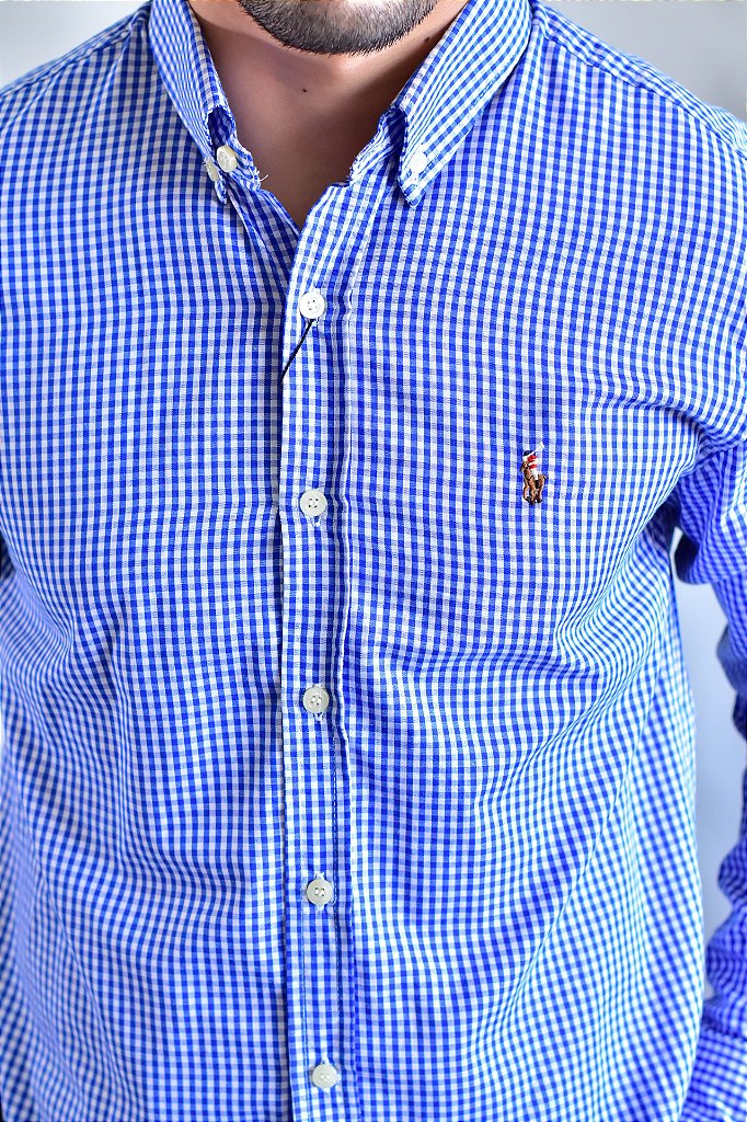 Camisa Social RL Manga Longa - Microxadrez Azul Small Pony Color