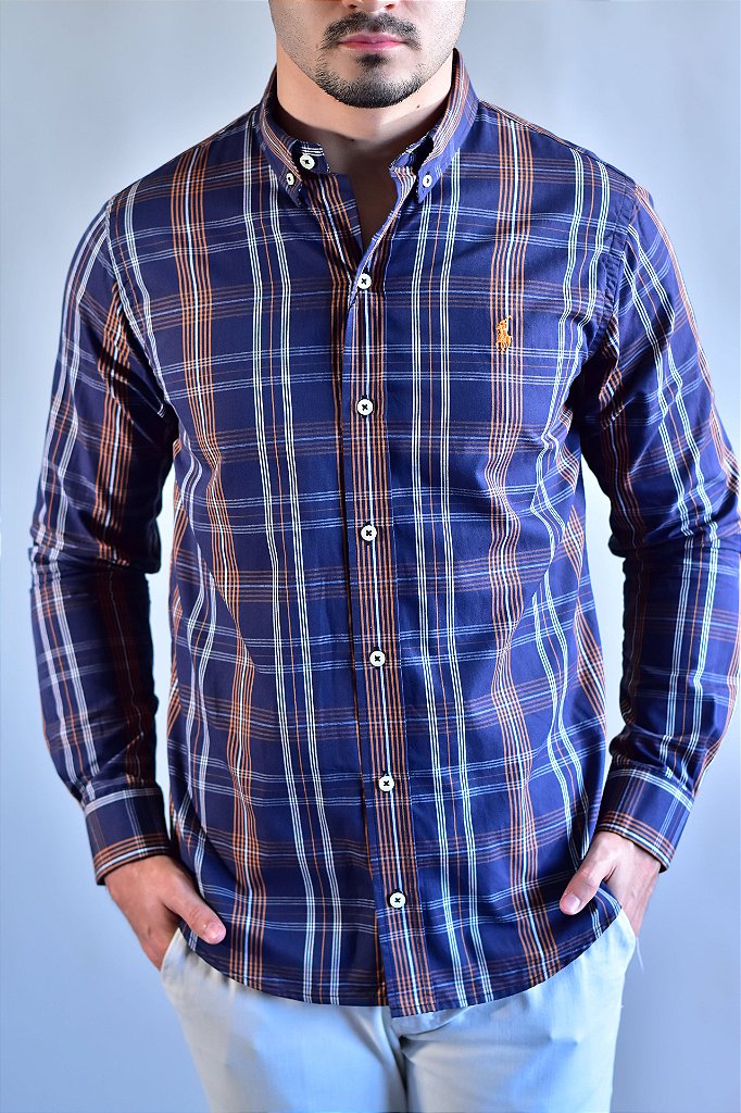 Camisa RL Manga Longa - Xadrez Azul Marinho linhas em Laranja e Branco